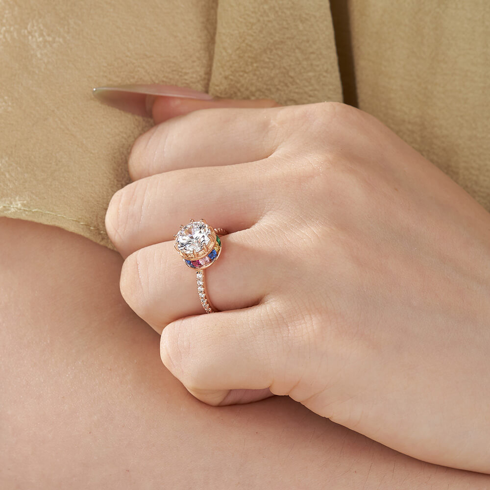 Round Cut Diamond White Sterling Silver Rose Gold Crown Hidden Rainbow Halo Engagement Ring