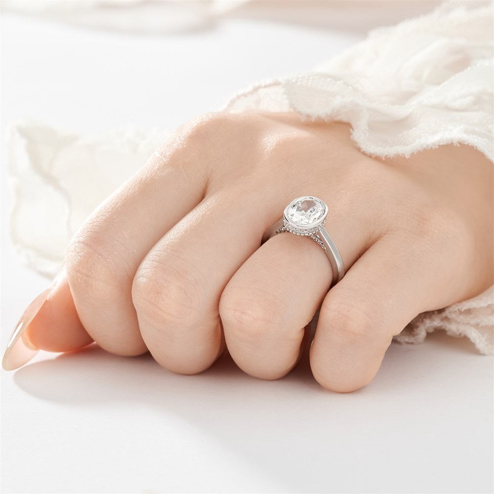 Oval Cut Diamond White 925 Sterling Silver Hidden Halo Engagement Ring