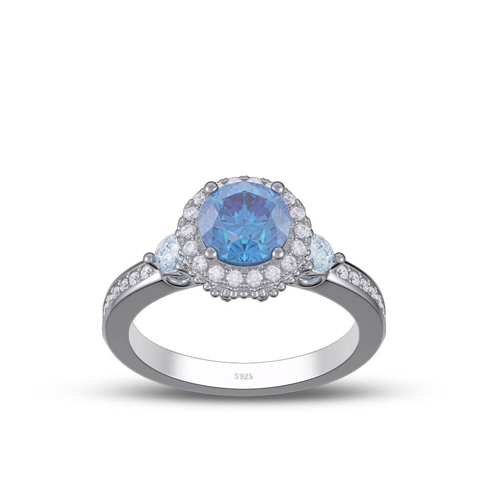 Round Cut Sapphire Blue 925 Sterling Silver Halo Engagement Ring