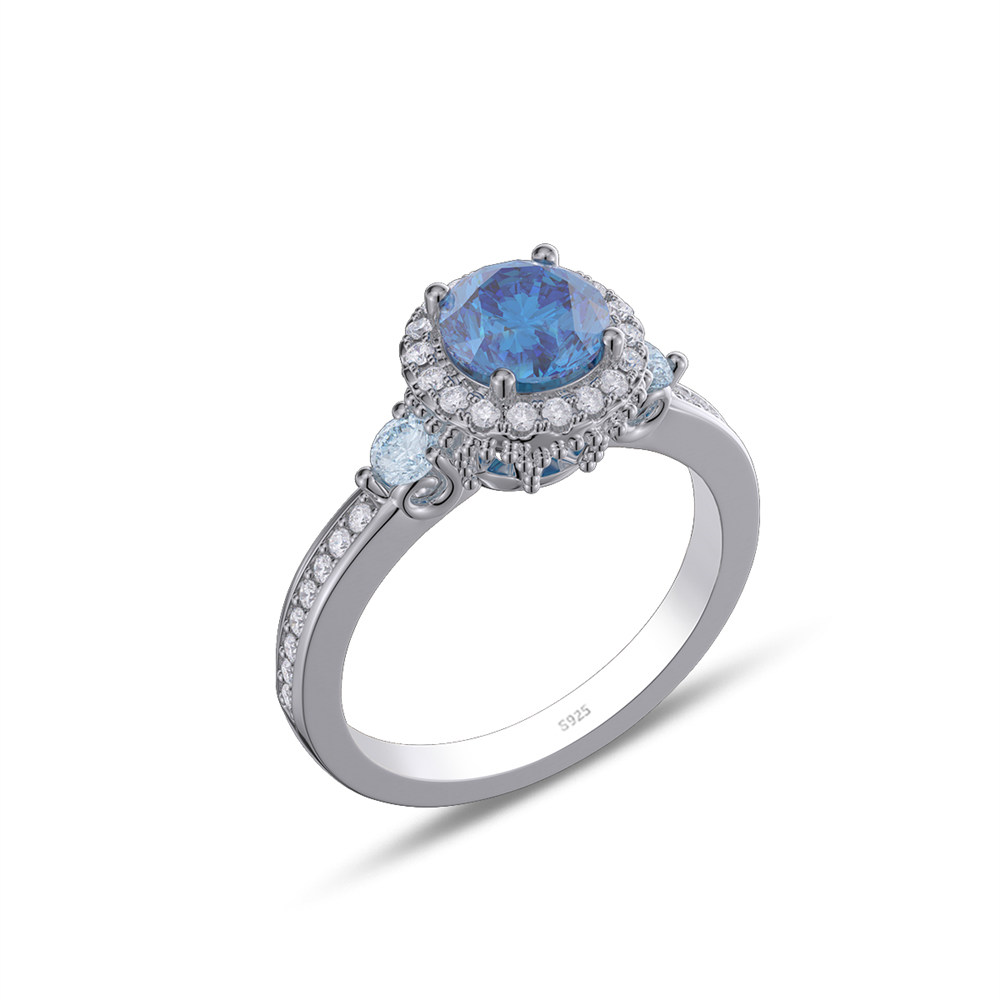 Round Cut Sapphire Blue 925 Sterling Silver Halo Engagement Ring