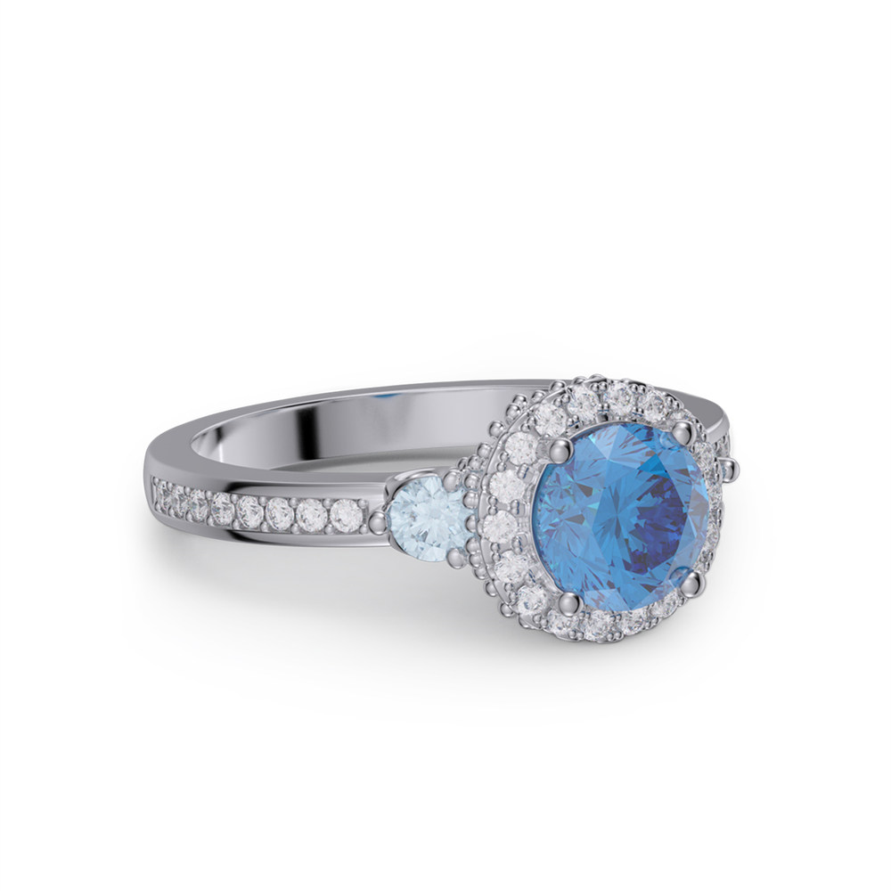 Round Cut Sapphire Blue 925 Sterling Silver Halo Engagement Ring