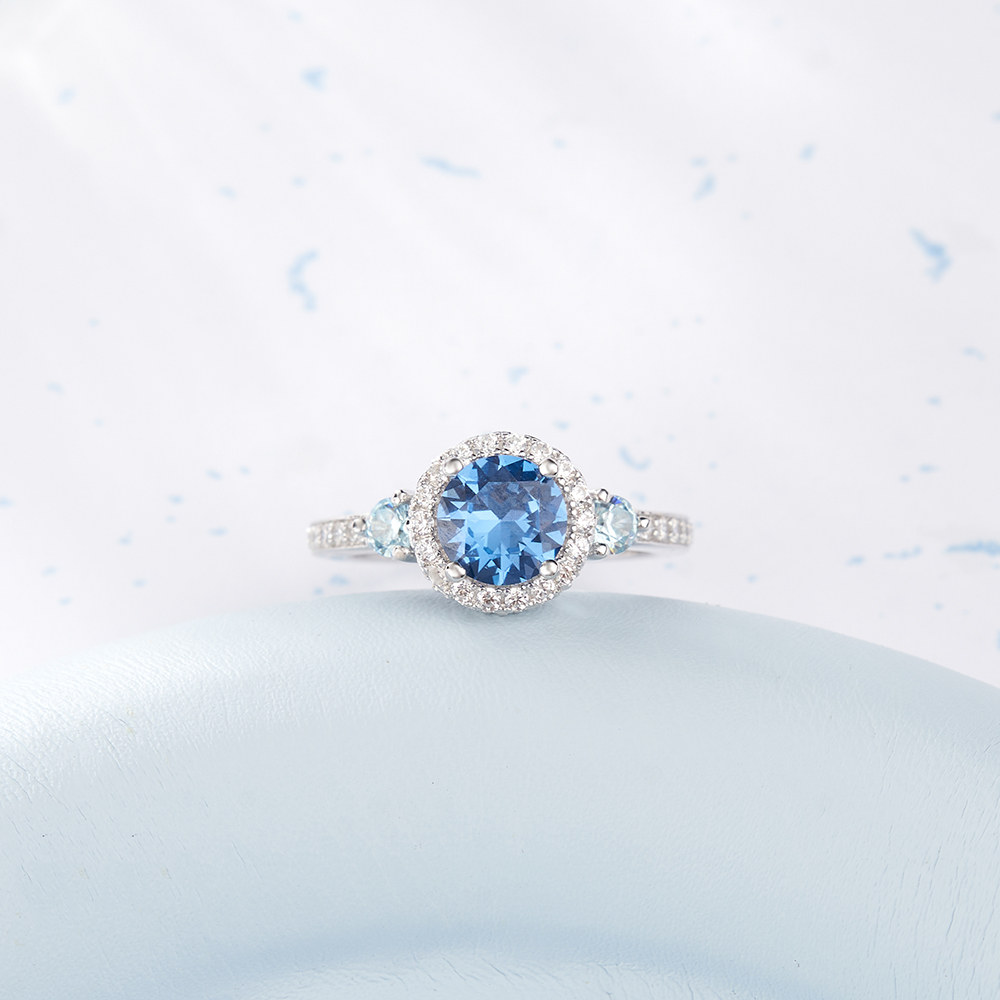 Round Cut Sapphire Blue 925 Sterling Silver Halo Engagement Ring