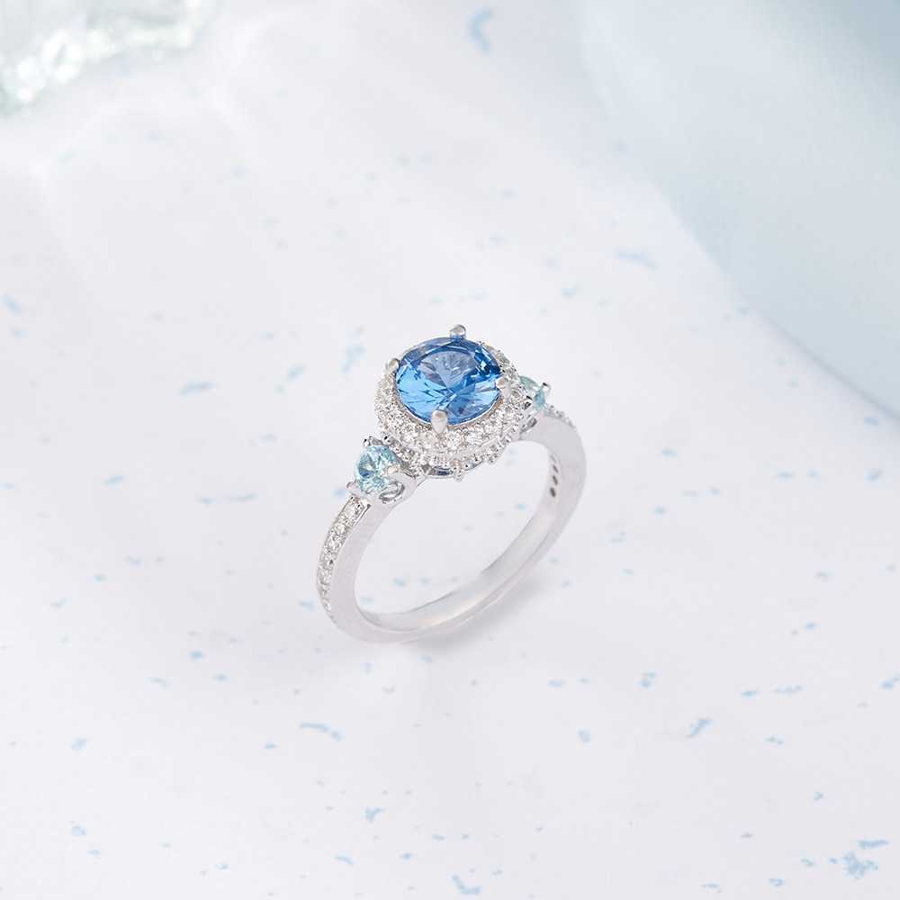 Round Cut Sapphire Blue 925 Sterling Silver Halo Engagement Ring