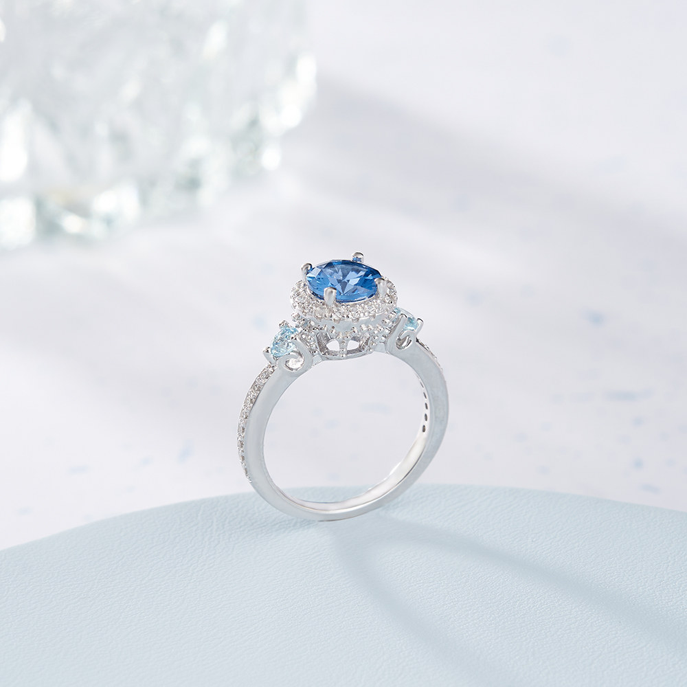 Round Cut Sapphire Blue 925 Sterling Silver Halo Engagement Ring