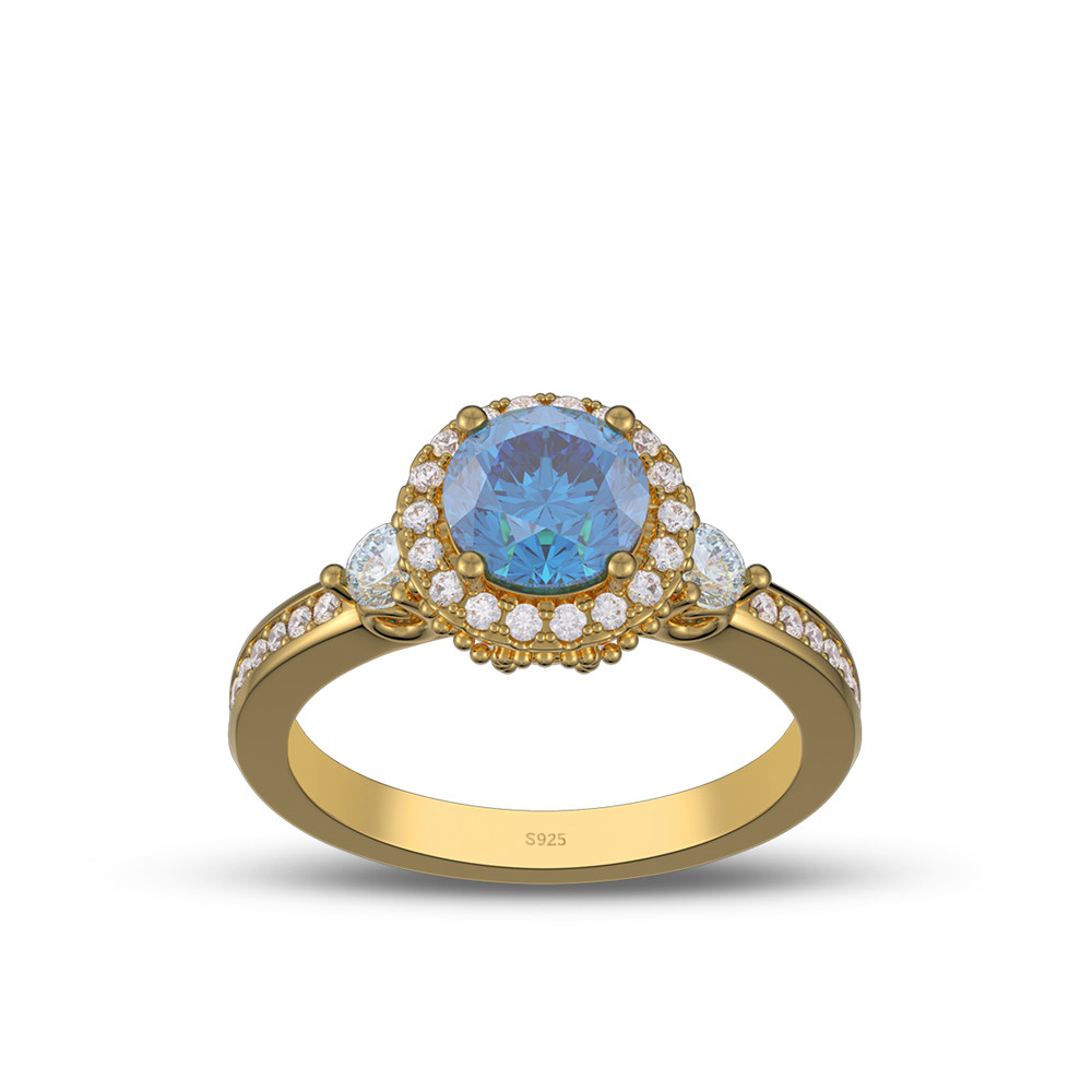 Round Cut Sapphire Blue 925 Sterling Silver Halo Engagement Ring