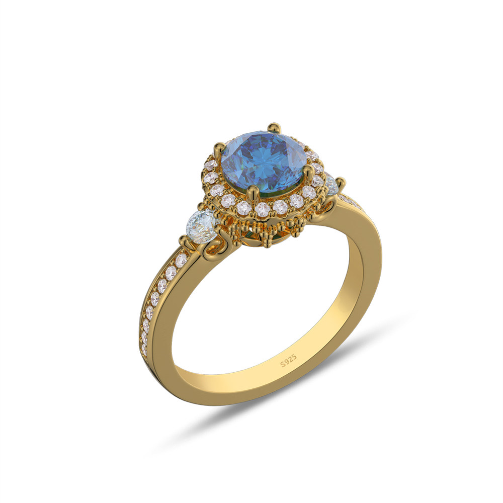 Round Cut Sapphire Blue 925 Sterling Silver Halo Engagement Ring