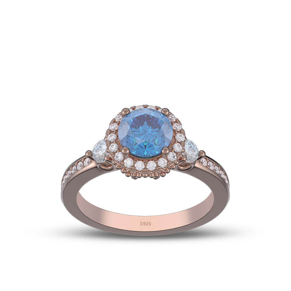 Round Cut Sapphire Blue 925 Sterling Silver Halo Engagement Ring