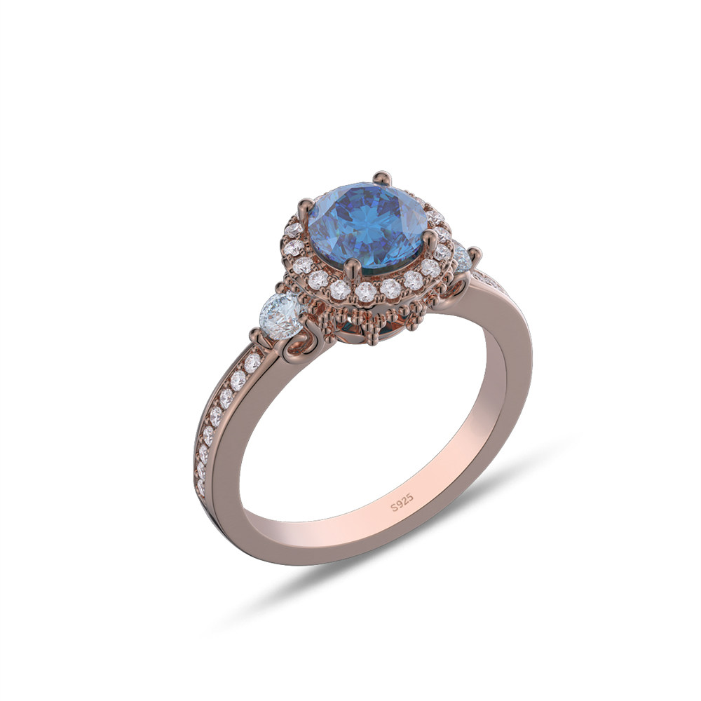 Round Cut Sapphire Blue 925 Sterling Silver Halo Engagement Ring