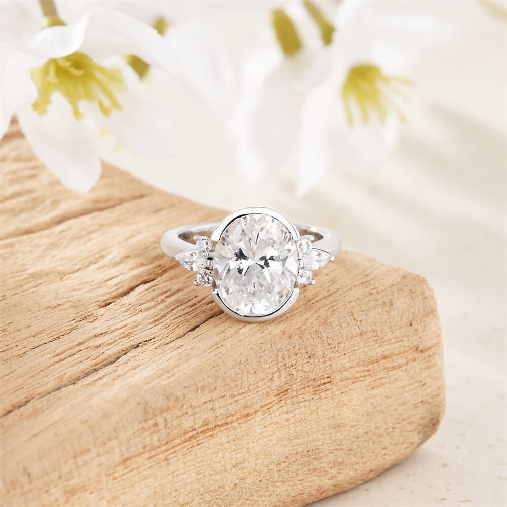 Oval Cut Diamond White 925 Sterling Silver Bezel Engagement Ring