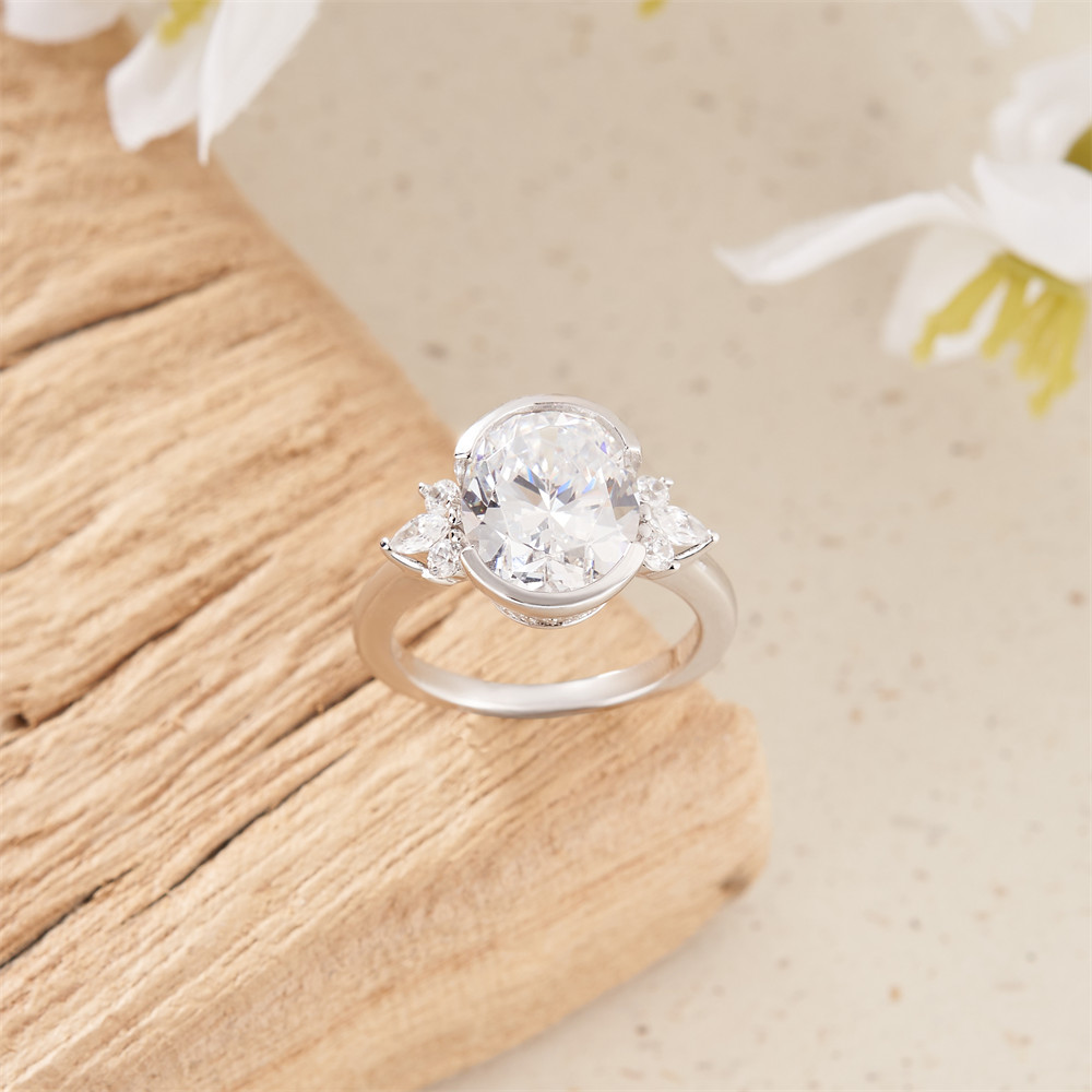 Oval Cut Diamond White 925 Sterling Silver Bezel Engagement Ring