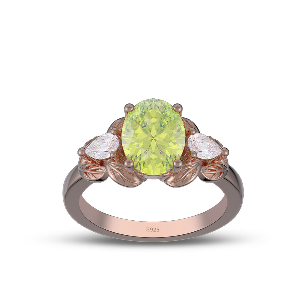 Oval Cut Peridot Green 925 Sterling Silver 3-Stone Leaf Engagement Ring