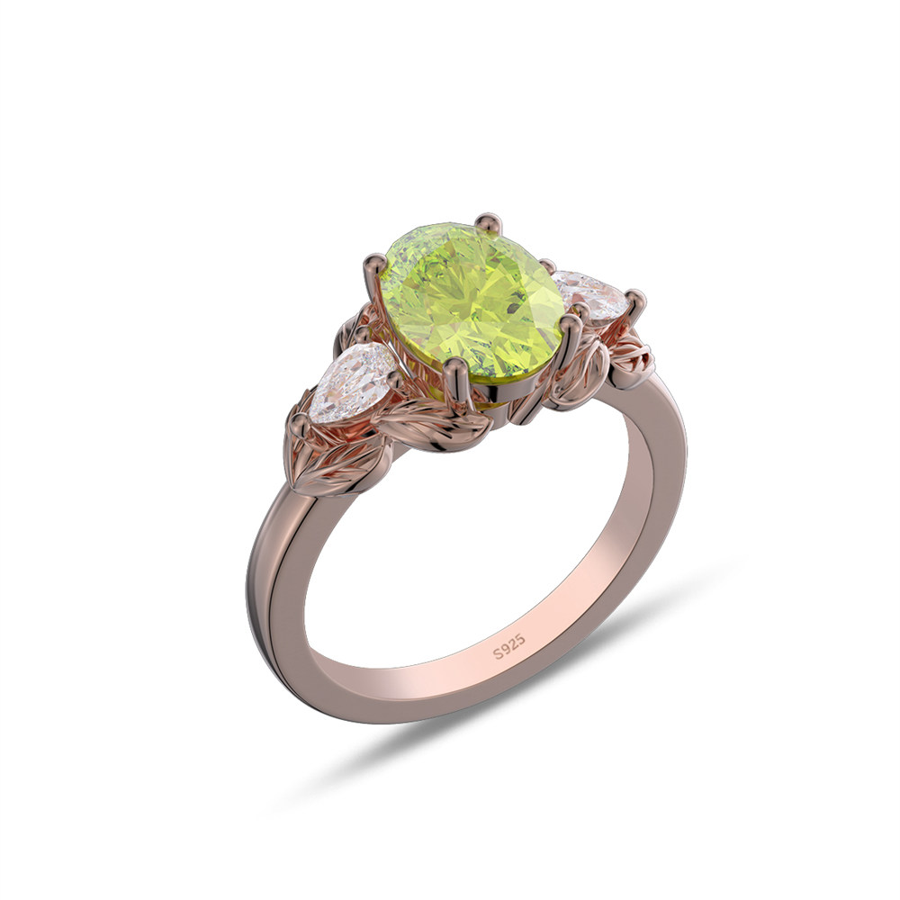 Oval Cut Peridot Green 925 Sterling Silver 3-Stone Leaf Engagement Ring