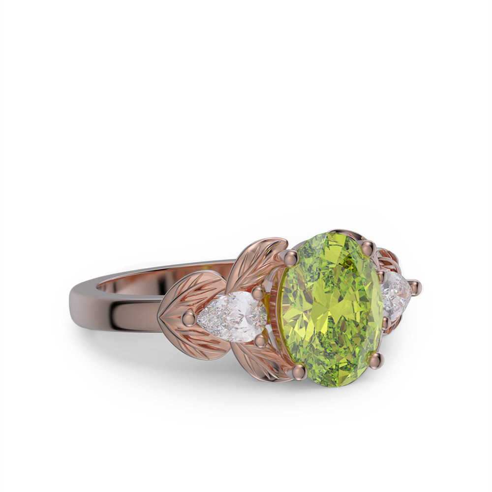 Oval Cut Peridot Green 925 Sterling Silver 3-Stone Leaf Engagement Ring