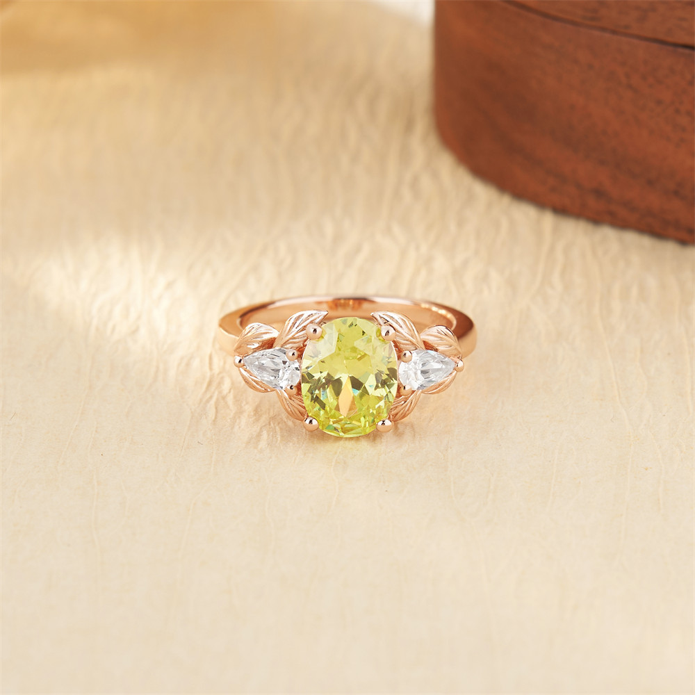 Oval Cut Peridot Green 925 Sterling Silver 3-Stone Leaf Engagement Ring