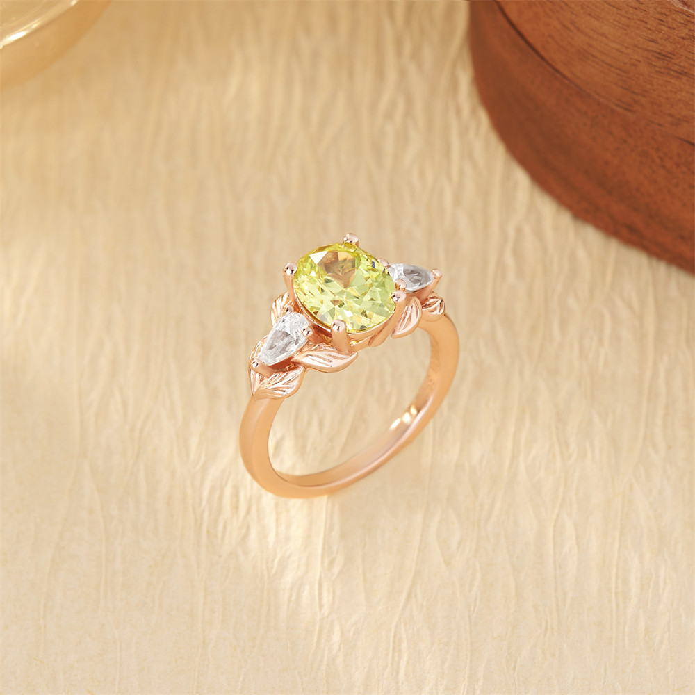 Oval Cut Peridot Green 925 Sterling Silver 3-Stone Leaf Engagement Ring