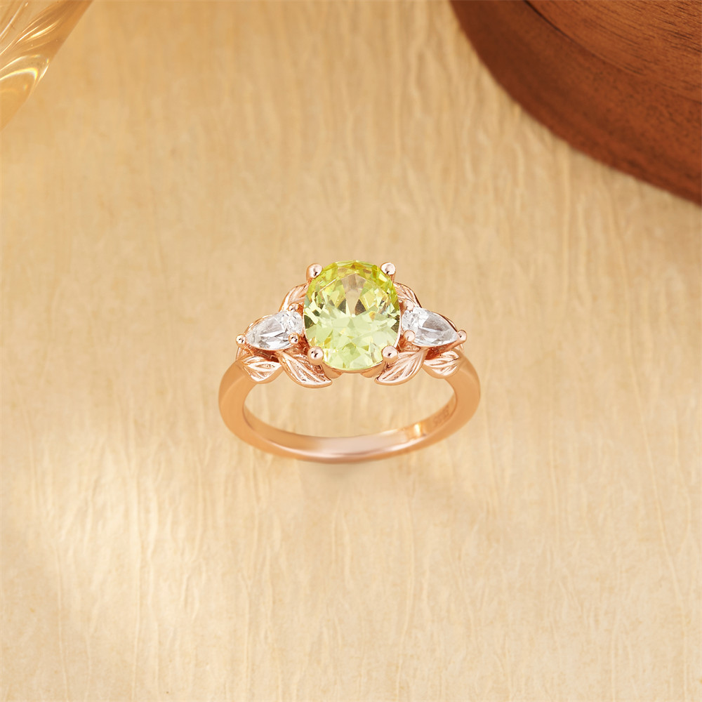 Oval Cut Peridot Green 925 Sterling Silver 3-Stone Leaf Engagement Ring