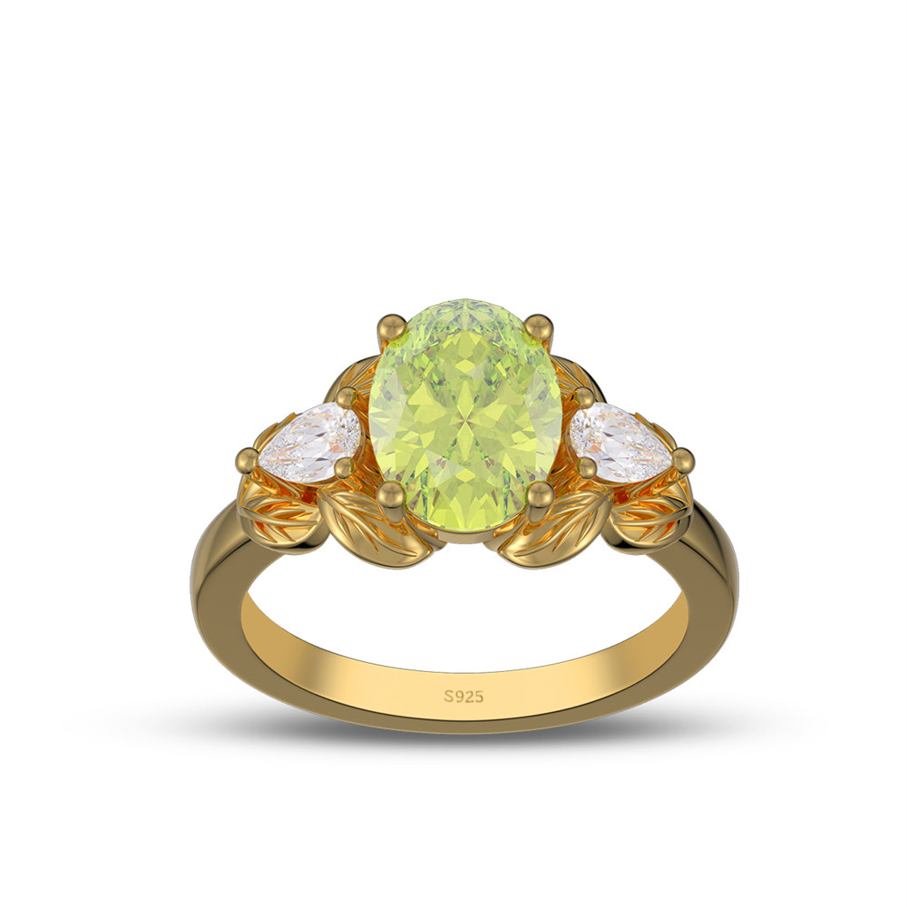 Oval Cut Peridot Green 925 Sterling Silver 3-Stone Leaf Engagement Ring