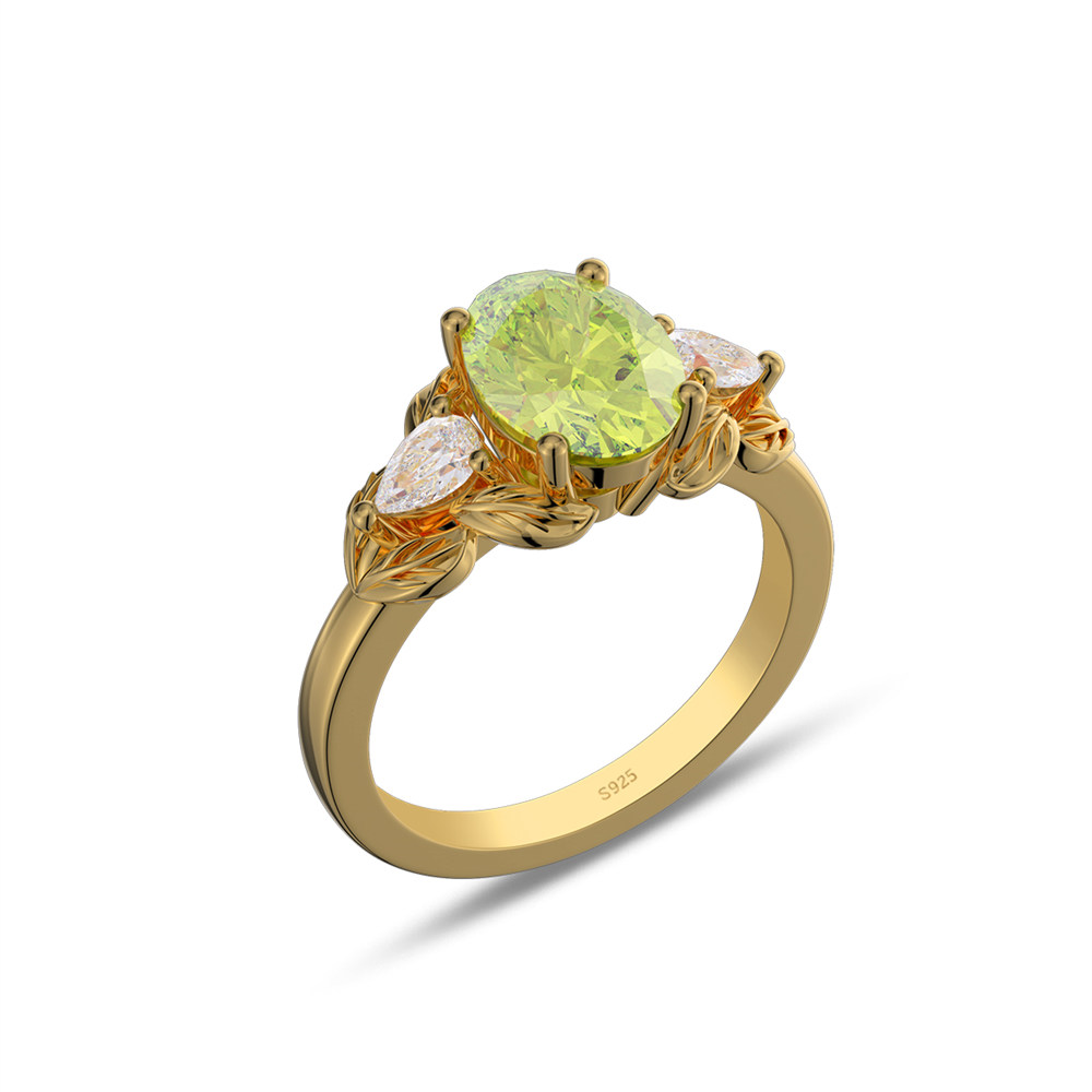 Oval Cut Peridot Green 925 Sterling Silver 3-Stone Leaf Engagement Ring