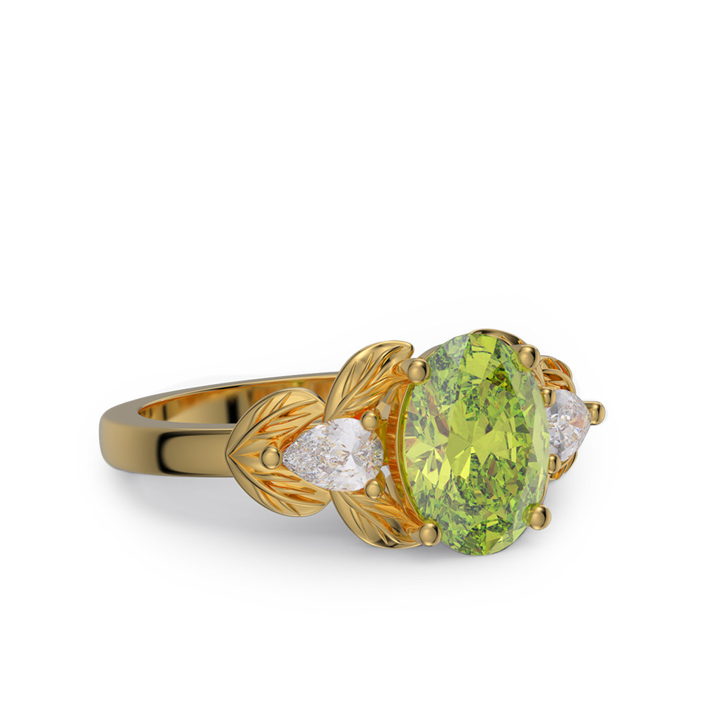 Oval Cut Peridot Green 925 Sterling Silver 3-Stone Leaf Engagement Ring