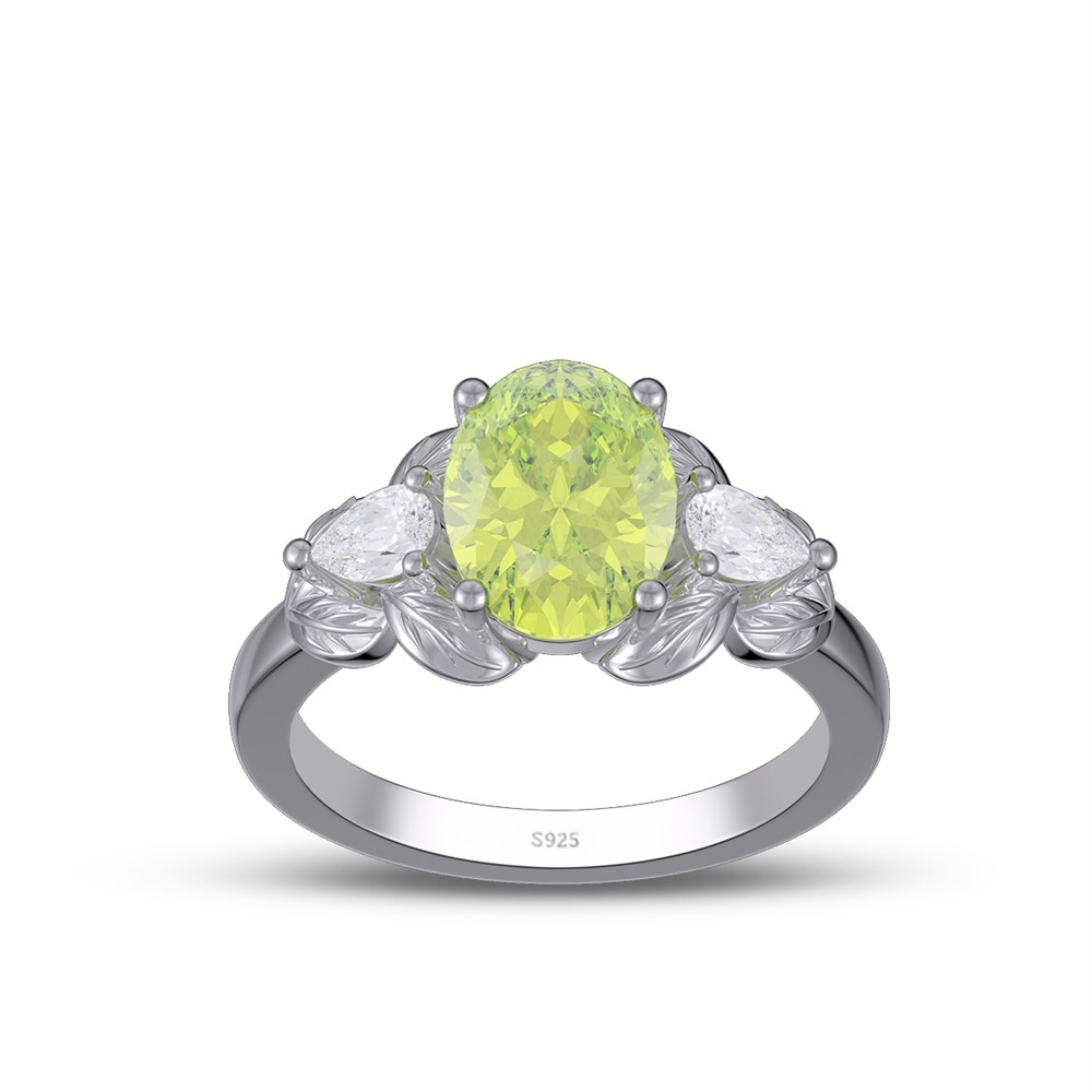 Oval Cut Peridot Green 925 Sterling Silver 3-Stone Leaf Engagement Ring