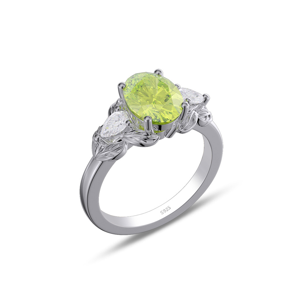 Oval Cut Peridot Green 925 Sterling Silver 3-Stone Leaf Engagement Ring