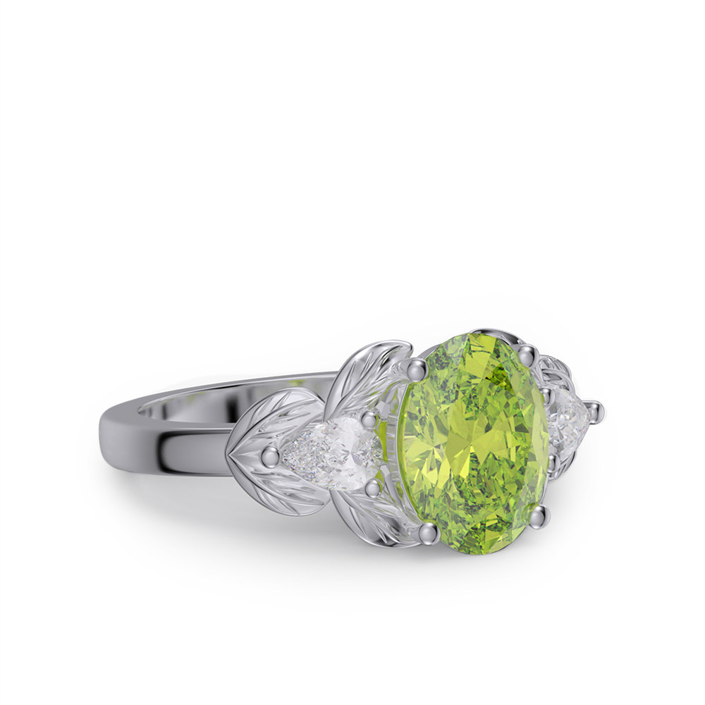 Oval Cut Peridot Green 925 Sterling Silver 3-Stone Leaf Engagement Ring