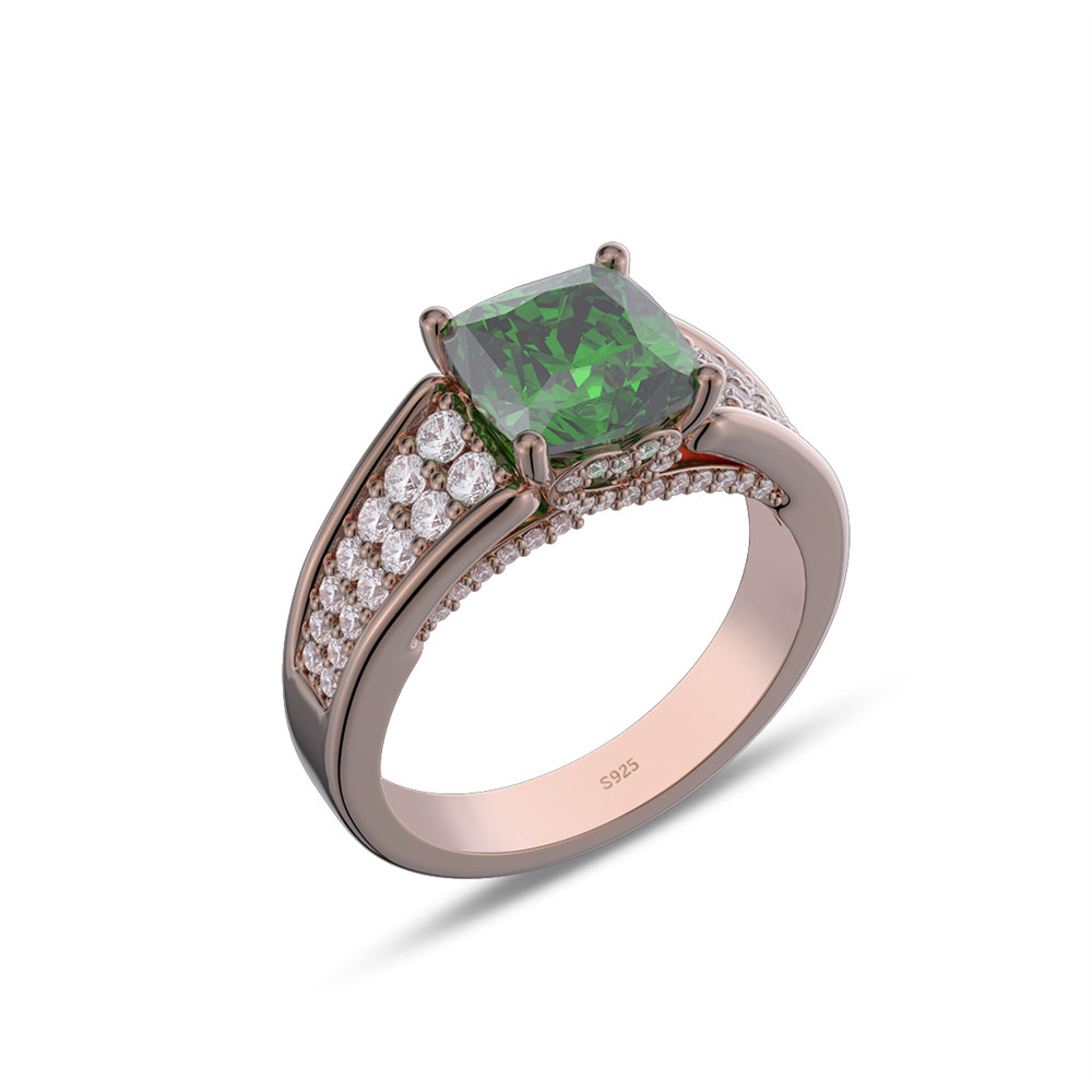 Cushion Cut Emerald Green 925 Sterling Silver Engagement Ring