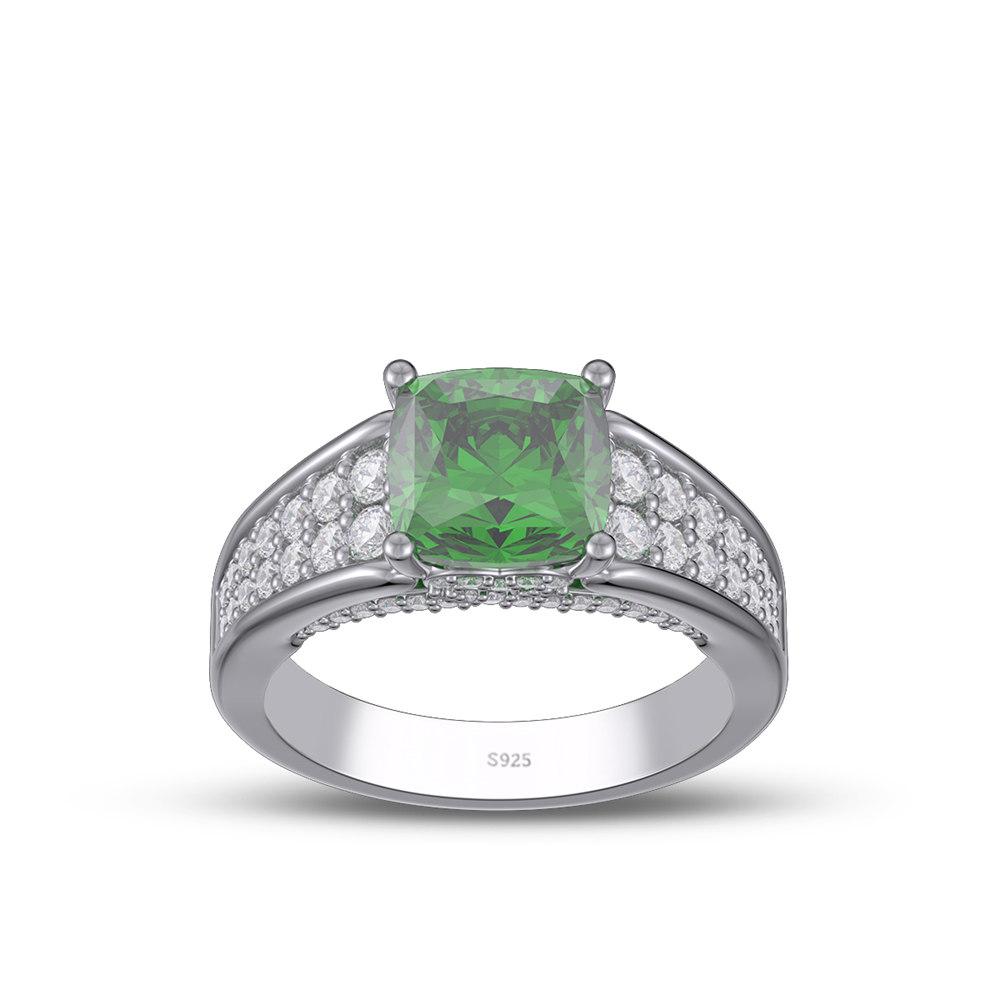 Cushion Cut Emerald Green 925 Sterling Silver Engagement Ring