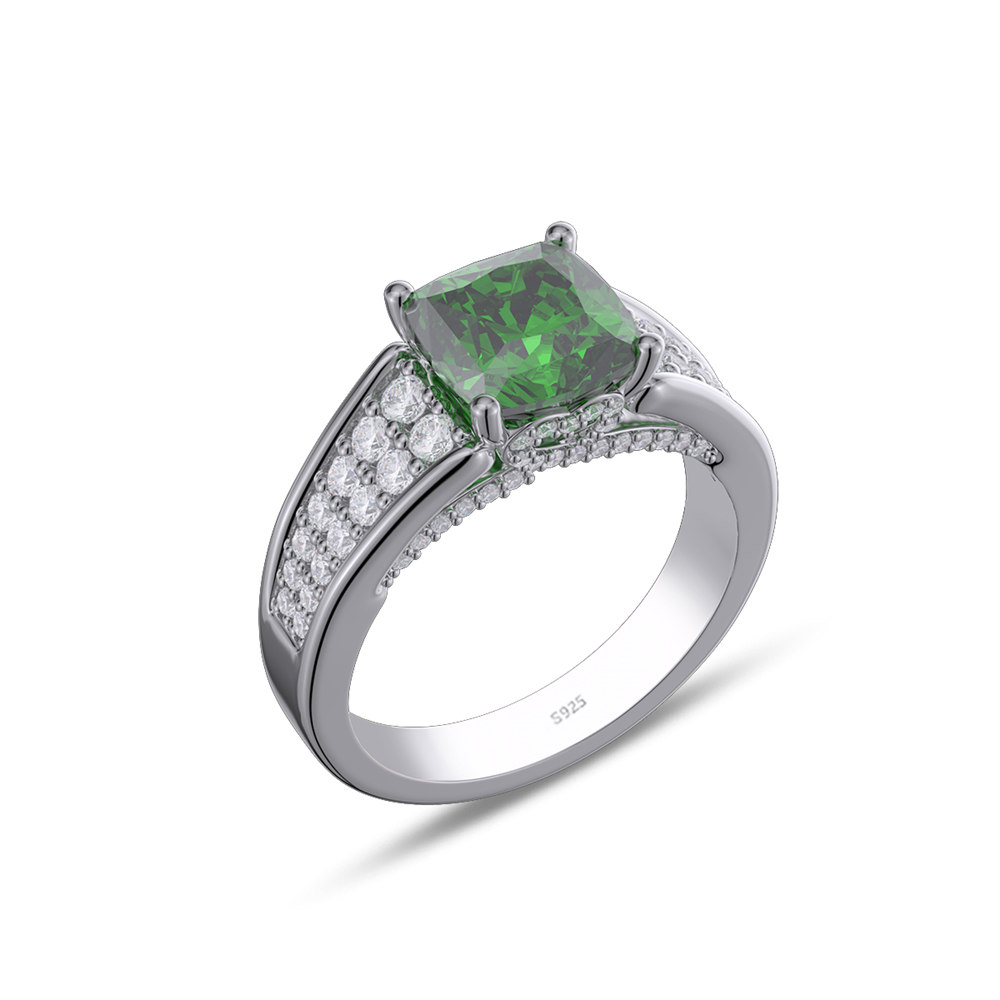 Cushion Cut Emerald Green 925 Sterling Silver Engagement Ring
