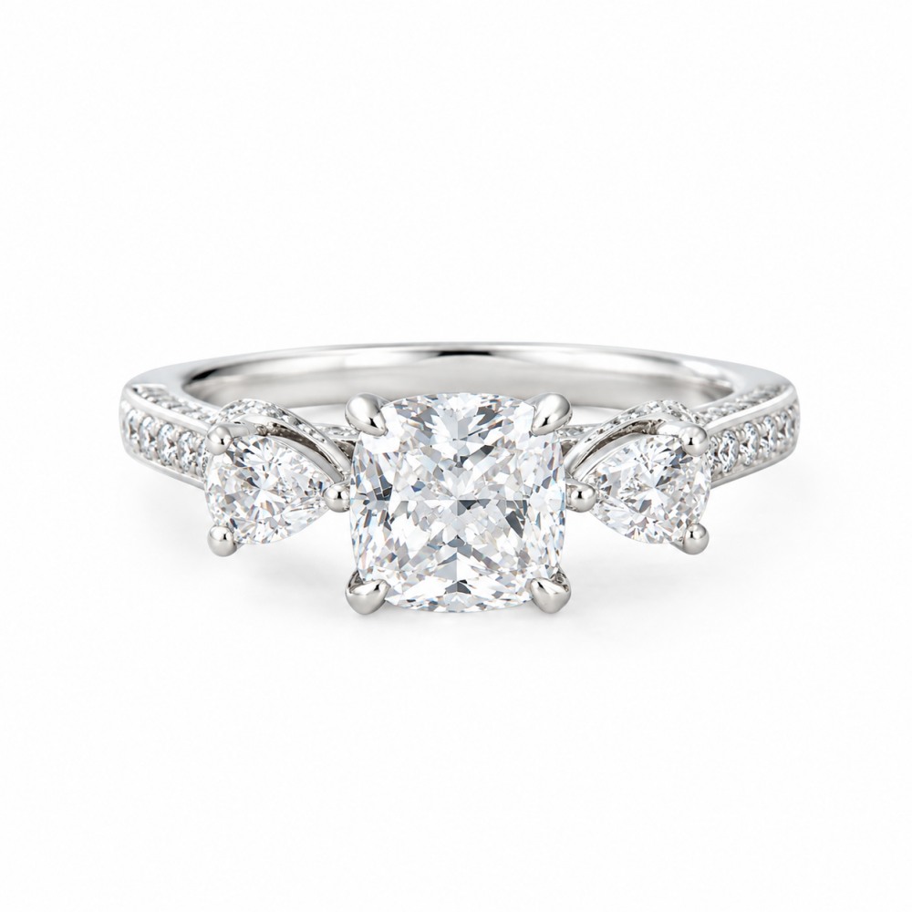 Cushion Cut Diamond White 925 Sterling Silver 3-Stone Engagement Ring