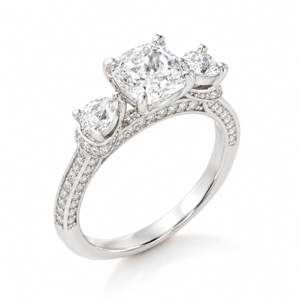 Cushion Cut Diamond White 925 Sterling Silver 3-Stone Engagement Ring