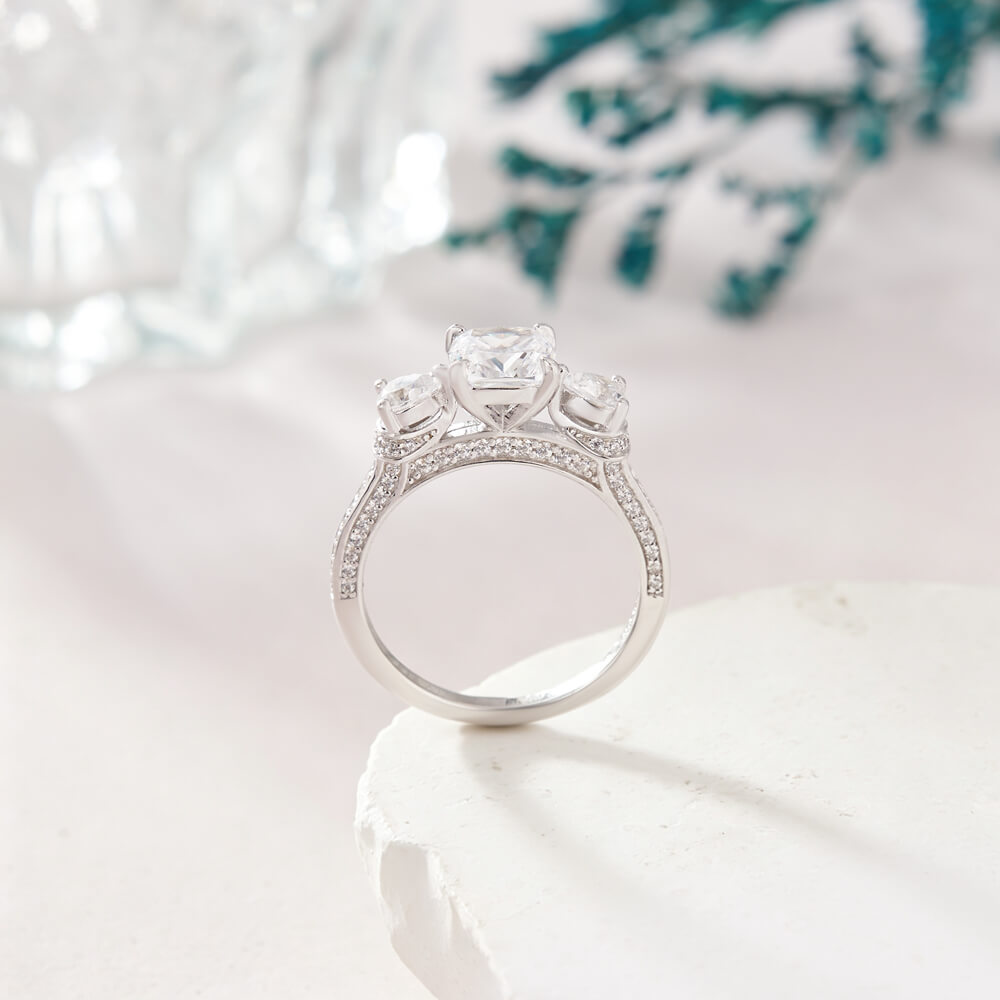 Cushion Cut Diamond White 925 Sterling Silver 3-Stone Engagement Ring