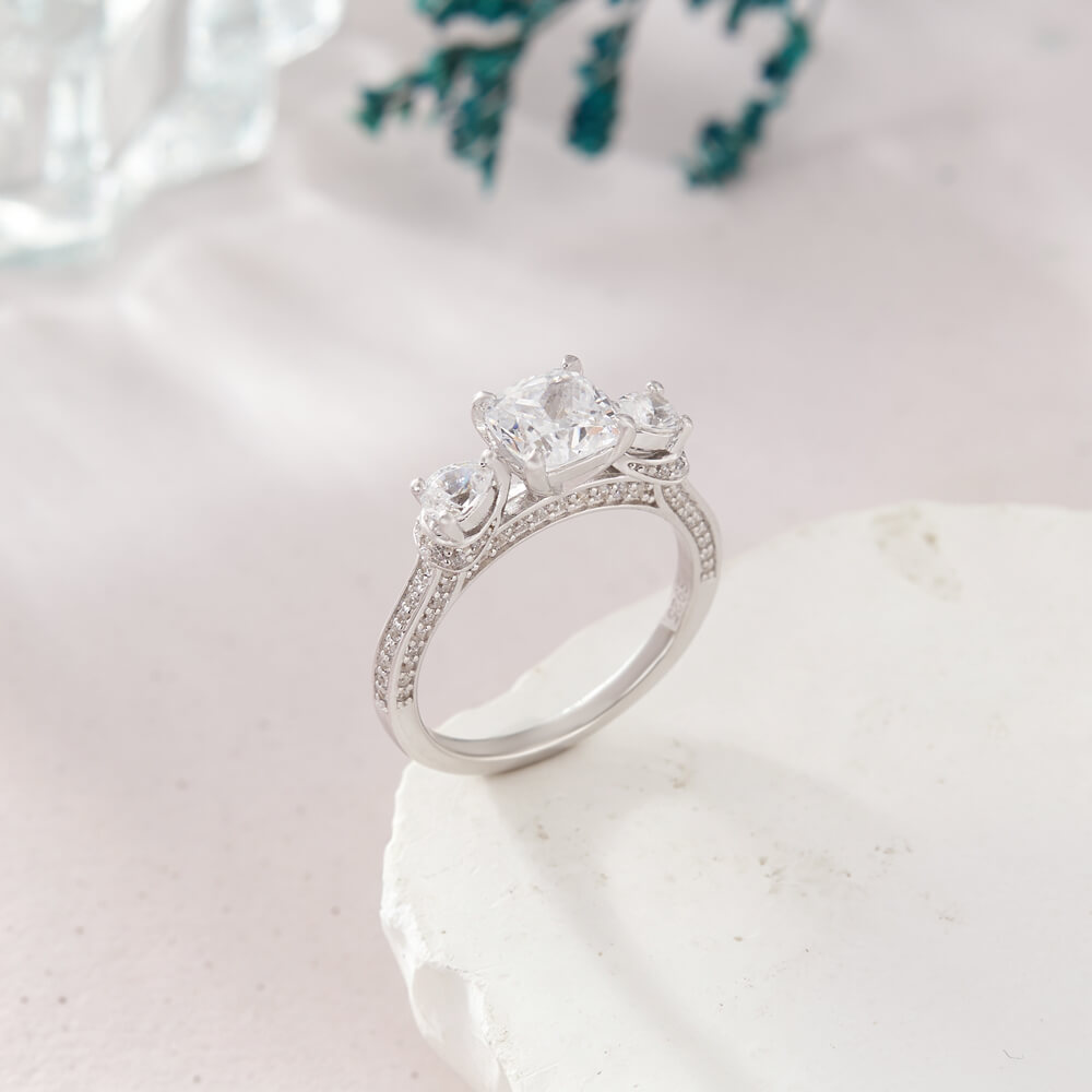 Cushion Cut Diamond White 925 Sterling Silver 3-Stone Engagement Ring