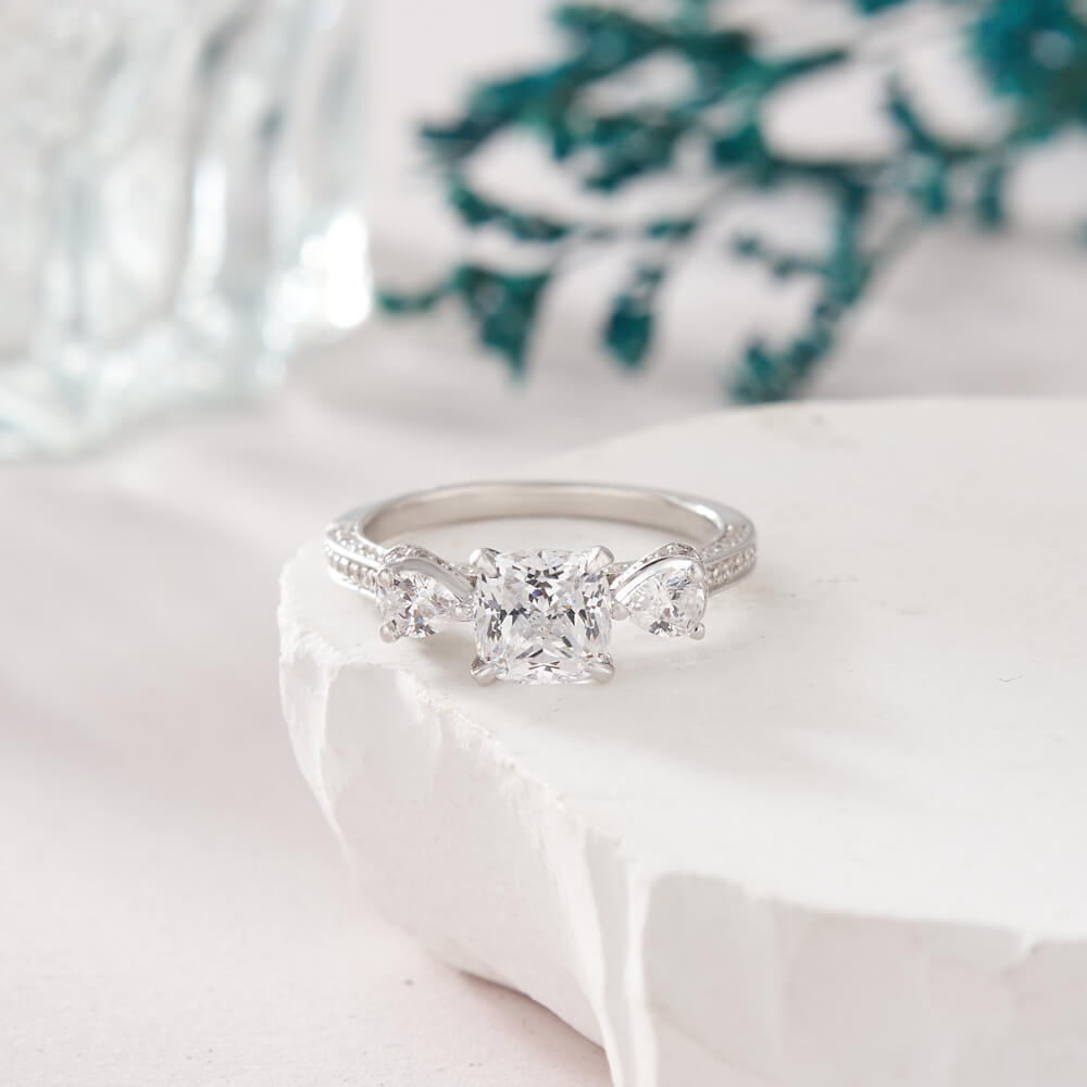 Cushion Cut Diamond White 925 Sterling Silver 3-Stone Engagement Ring
