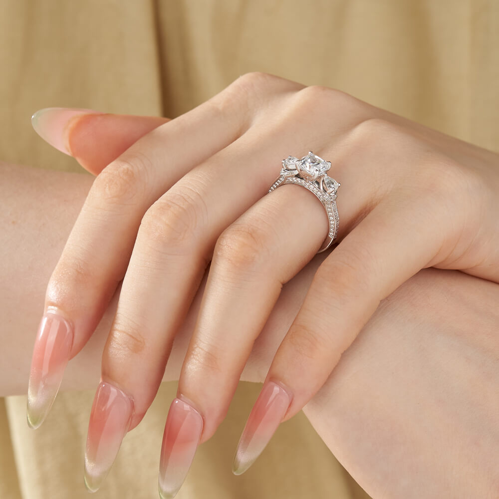 Cushion Cut Diamond White 925 Sterling Silver 3-Stone Engagement Ring