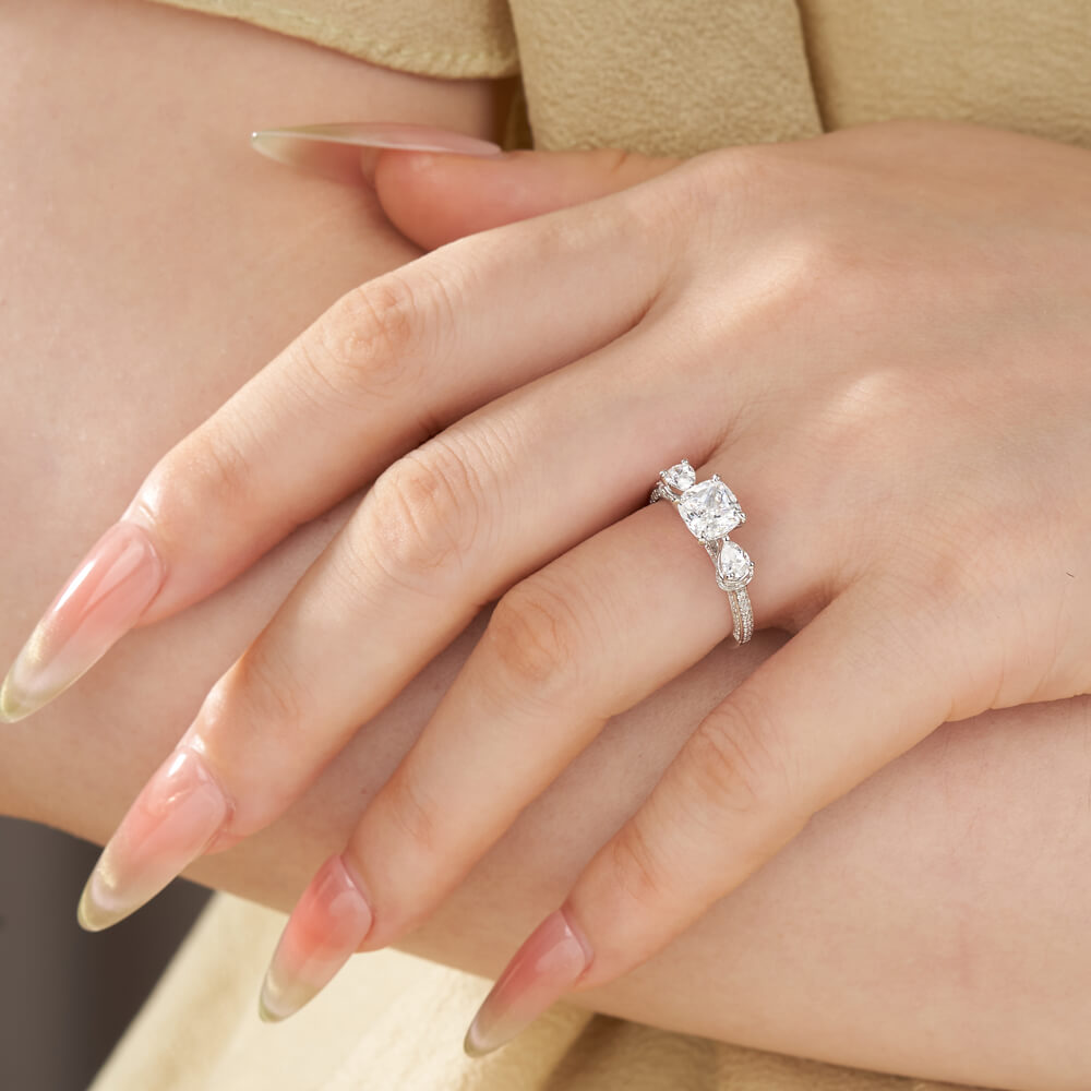 Cushion Cut Diamond White 925 Sterling Silver 3-Stone Engagement Ring