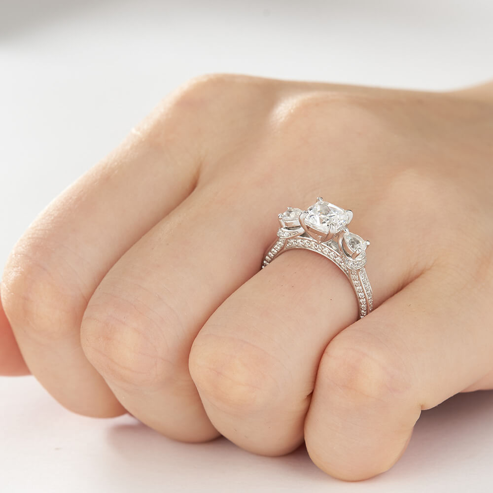 Cushion Cut Diamond White 925 Sterling Silver 3-Stone Engagement Ring