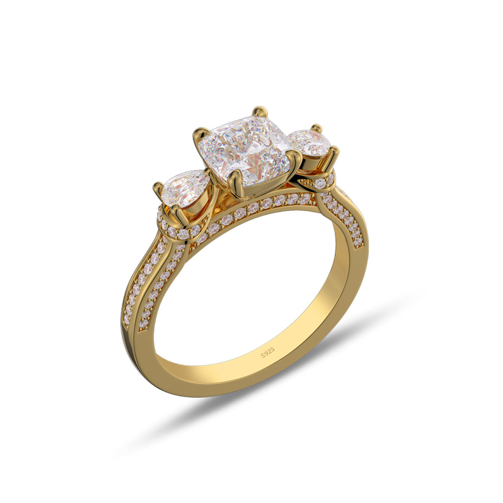 Cushion Cut Diamond White 925 Sterling Silver 3-Stone Engagement Ring