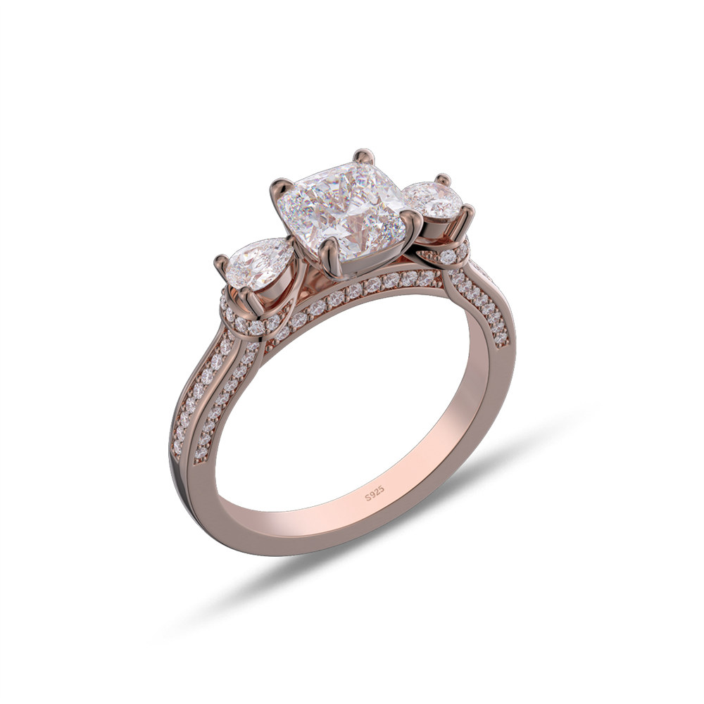 Cushion Cut Diamond White 925 Sterling Silver 3-Stone Engagement Ring