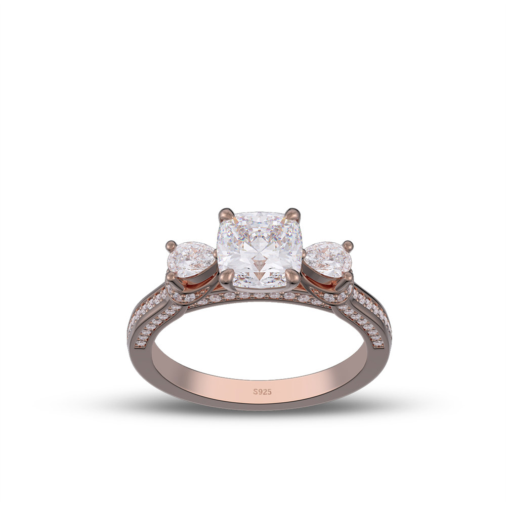 Cushion Cut Diamond White 925 Sterling Silver 3-Stone Engagement Ring