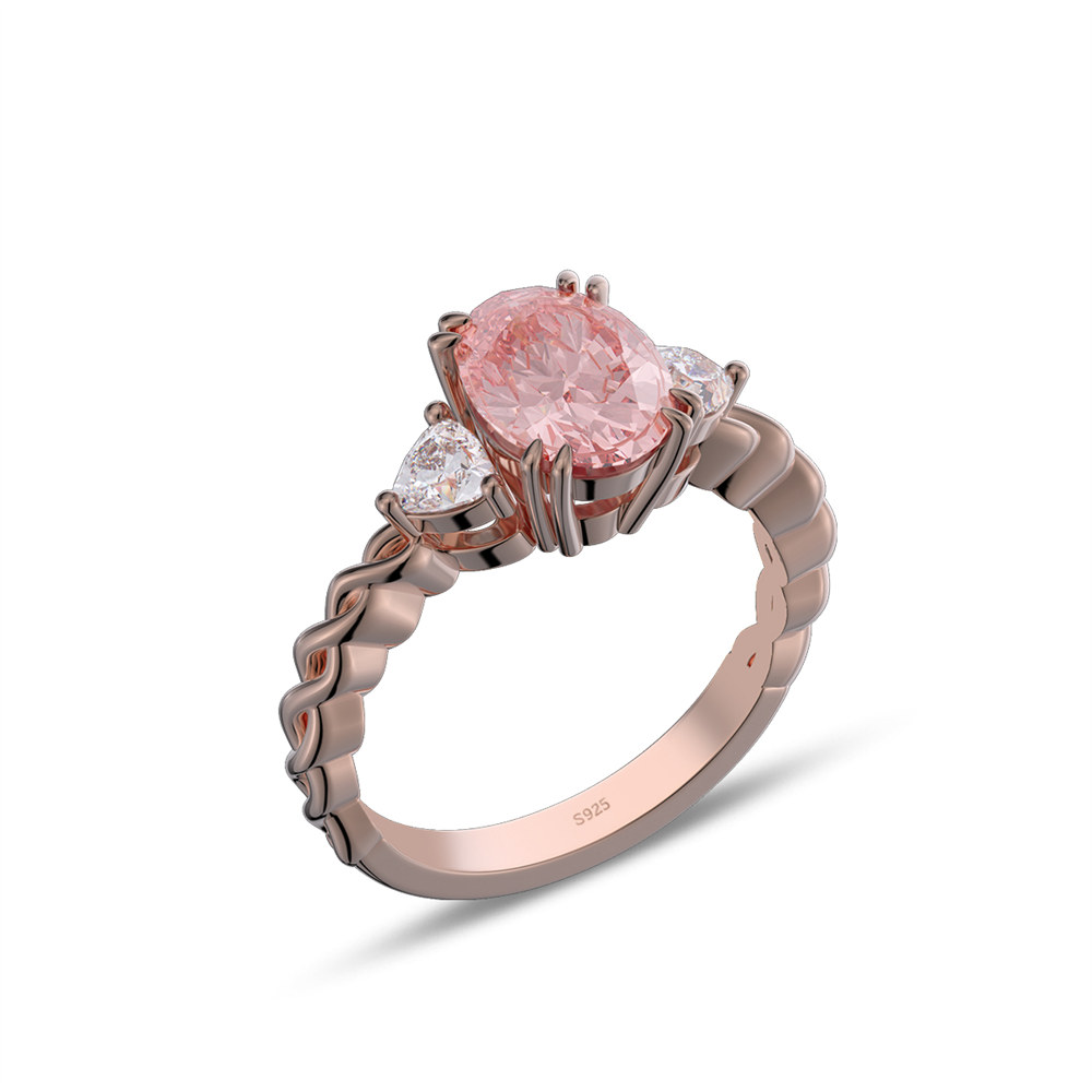 Oval Cut Fancy Pink 925 Sterling Silver 3-Stone Twisted Engagement Ring