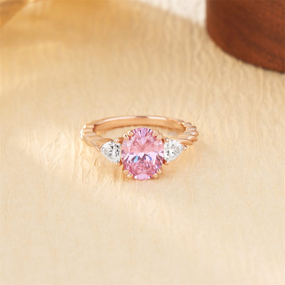 Oval Cut Fancy Pink 925 Sterling Silver 3-Stone Twisted Engagement Ring