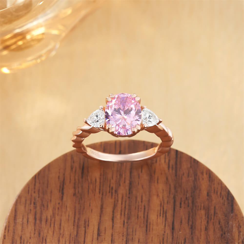 Oval Cut Fancy Pink 925 Sterling Silver 3-Stone Twisted Engagement Ring