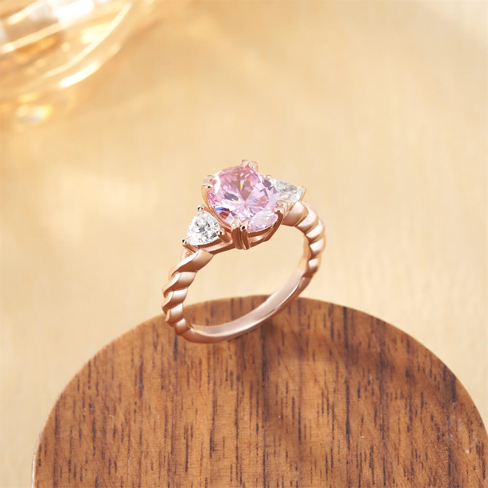 Oval Cut Fancy Pink 925 Sterling Silver 3-Stone Twisted Engagement Ring