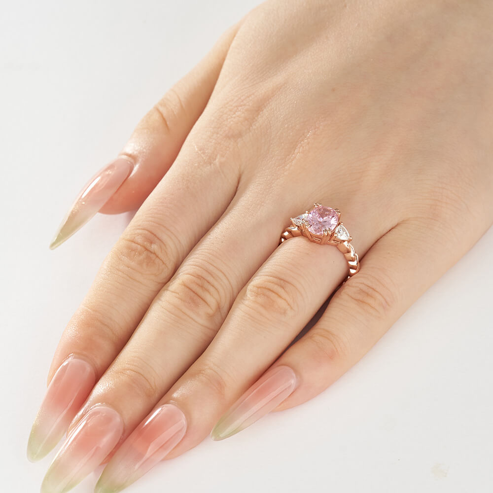 Oval Cut Fancy Pink 925 Sterling Silver 3-Stone Twisted Engagement Ring