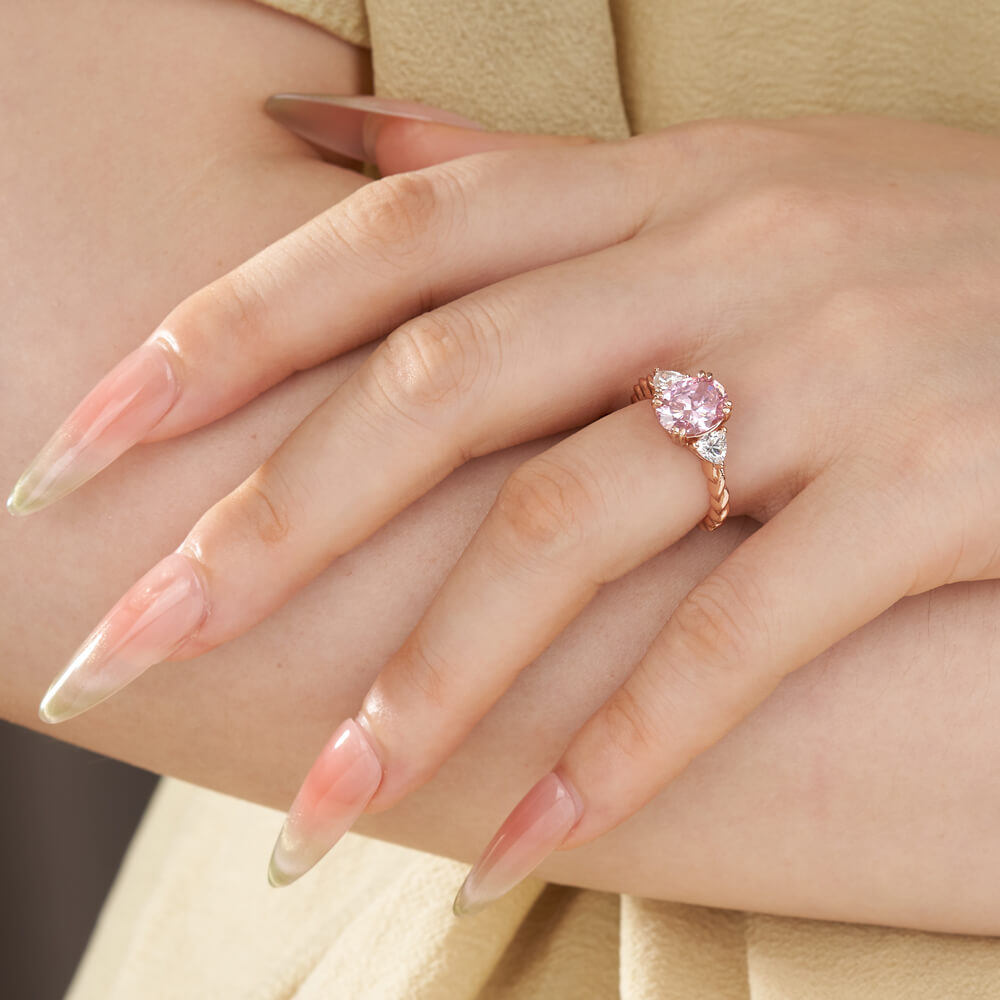 Oval Cut Fancy Pink 925 Sterling Silver 3-Stone Twisted Engagement Ring