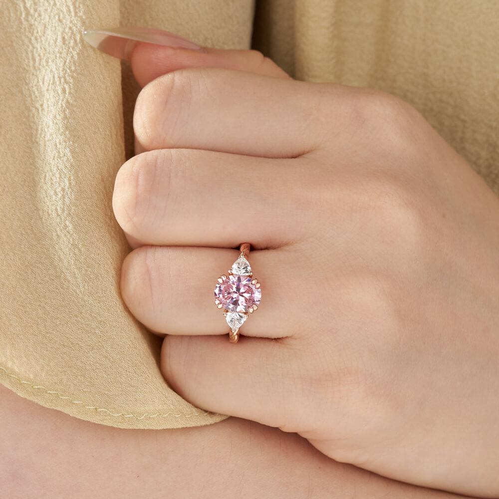 Oval Cut Fancy Pink 925 Sterling Silver 3-Stone Twisted Engagement Ring