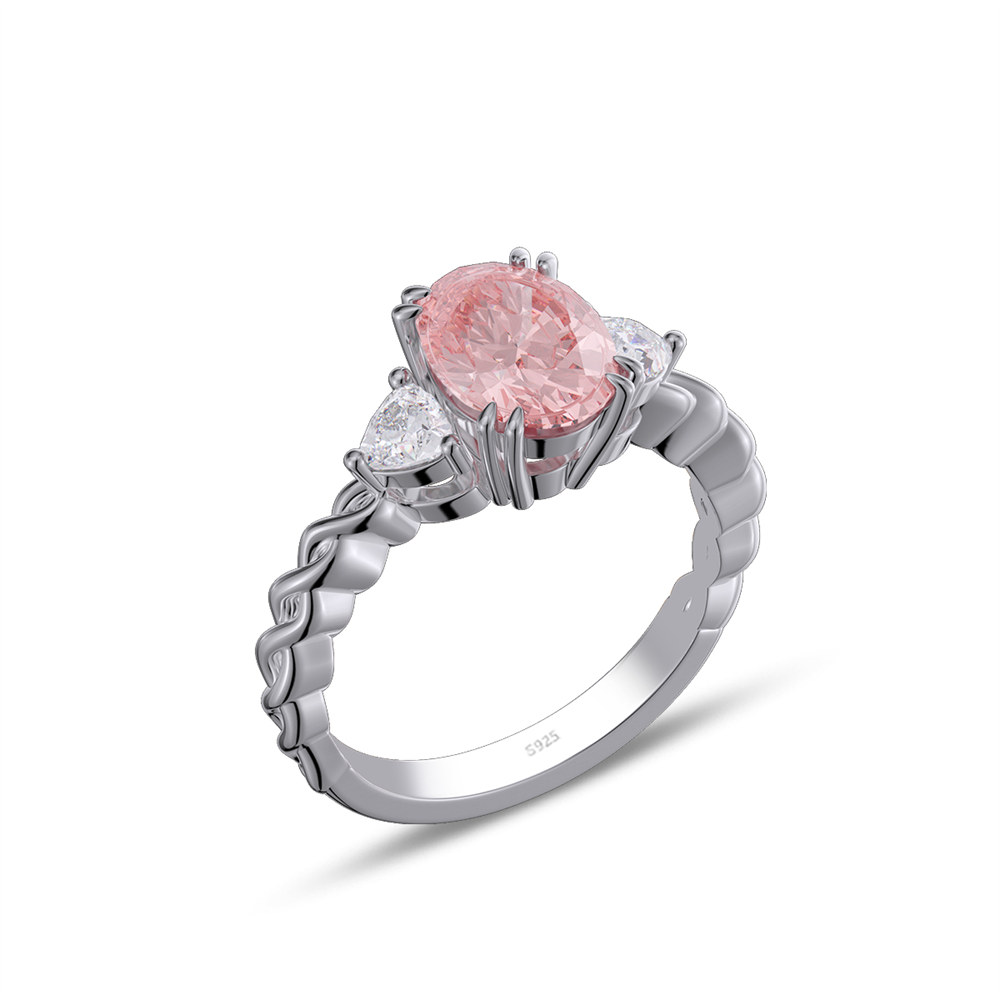 Oval Cut Fancy Pink 925 Sterling Silver 3-Stone Twisted Engagement Ring