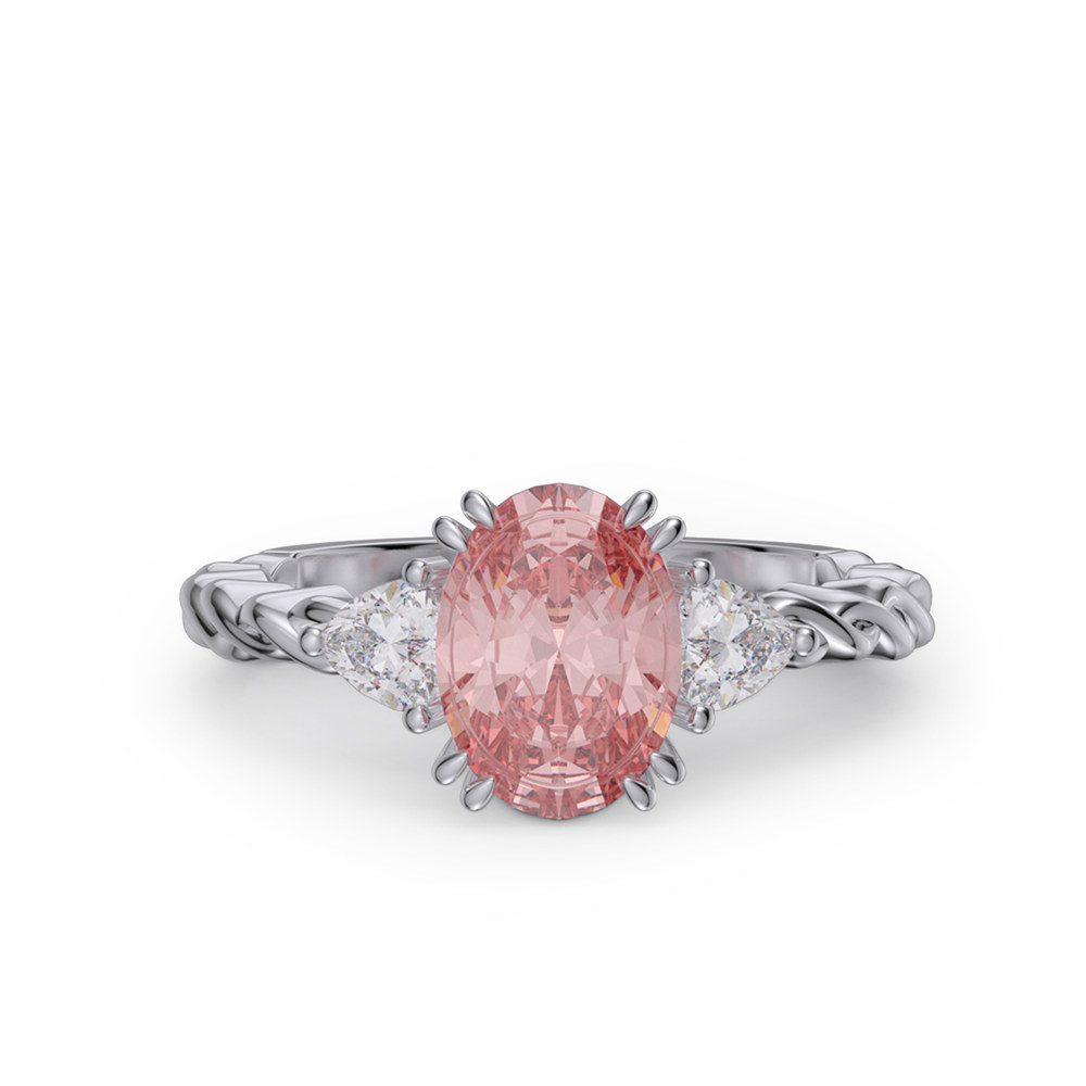 Oval Cut Fancy Pink 925 Sterling Silver 3-Stone Twisted Engagement Ring