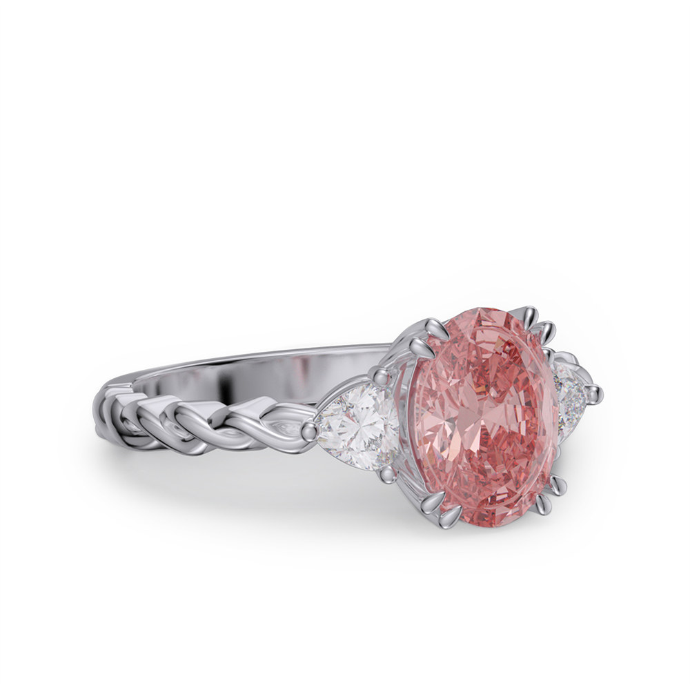 Oval Cut Fancy Pink 925 Sterling Silver 3-Stone Twisted Engagement Ring